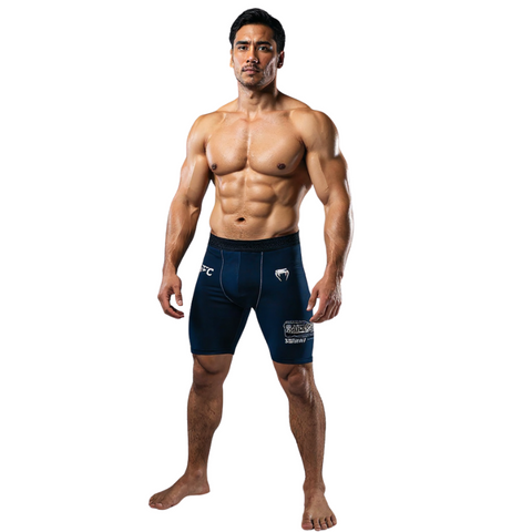 UFC Fusion by Venum Fight Week Vale Tudo Shorts – Oceanic Blue, compression, ceinture élastique avec poche protection, logos imprimés. myglove maroc